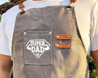Cute Aprons for Dad, Fathers Day Gifts, Custom Apron for Him, Adjustable Canvas Apron, Super Dad Apron, Best Father Gift, Apron with Pockets