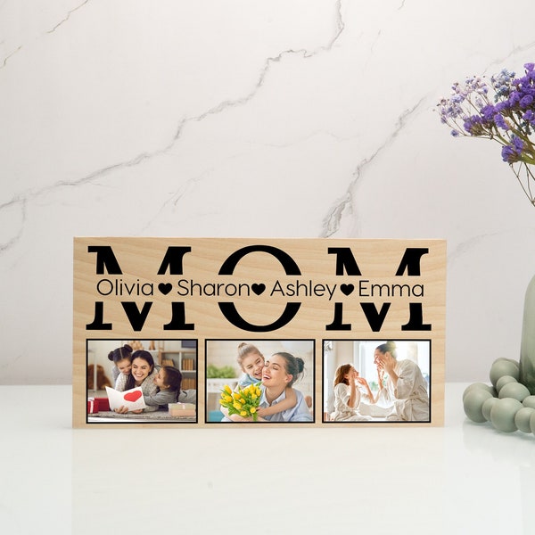 Mom and Kids Name Wood Sign, Personalized Family Photo Sign, Mothers Day Gifts for Her, Custom Mom Desk Display, Mother and Kid Picture Sign