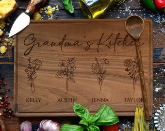 Mothers Day Gift for Grandma, Engraved Grandma's Kitchen Cutting Board, Grandkids Name Serve Board, Walnut Cut Board, Custom Kitchen Decor