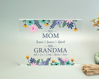 Acrylic Mom And Grandma Display, Mother's Day Gifts, First Mom Now Grandma Stand, Grandkids And Kids Name Family Plaque, Gift For Grandma