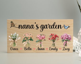 Mothers Day Gift for Grandma, Nana's Garden Wood Sign, Grandkids Birthflower Sign, Walnut and Birch Color Wall Hanger, Grandmother Gifts