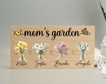 Unique Mothers Day Gift Sign, Personalized Wall Sign for Mom, Moms Garden Desk Sign, Gift for Grandma, Kids and Grandkids Name with Flower