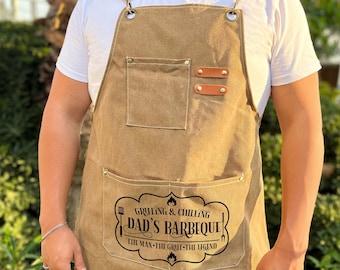 Custom Bbq Apron, Father's Day Gifts, Mens Apron With Pockets, Gift For Dad, Grilling Apron For Him, Gift For Grandpa, Canvas Kitchen Apron