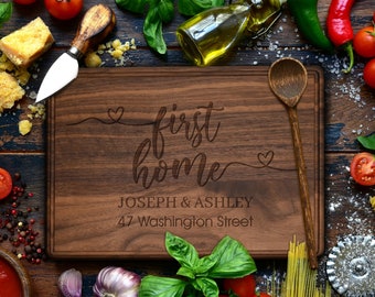 Engraved First Home Cutting Board, Personalized Couple Gifts, Newlywed Kitchen Board, Housewarming Gifts, New Home Address Cutting Board