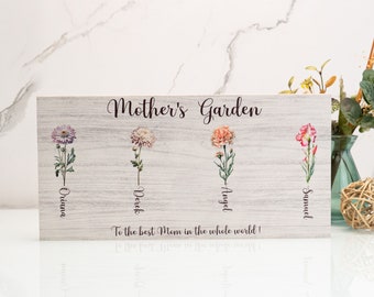 Personalized Mothers Day Display, Wood Sign with Kids and Grandkids Names, Gift for Mom, Gift for Grandma, Birth Flower Desk and Wall Sign
