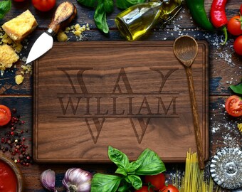 Monogram Name Cutting Board, Engraved Initial Kitchen Board, Walnut Serve Board, Mothers and Fathers Day Gifts, Newlywed Family Name Gift