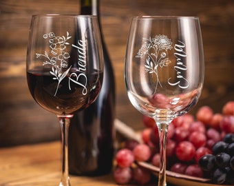 Verres à vin gravés, 10,5 verres personnalisés pour fleurs de naissance, cadeaux personnalisés pour la fête des mères, verres pour proposition de demoiselle d'honneur, verres pour le mois de naissance