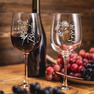 Verres à vin gravés, 10,5 verres personnalisés pour fleurs de naissance, cadeaux personnalisés pour la fête des mères, verres pour proposition de demoiselle d'honneur, verres pour le mois de naissance