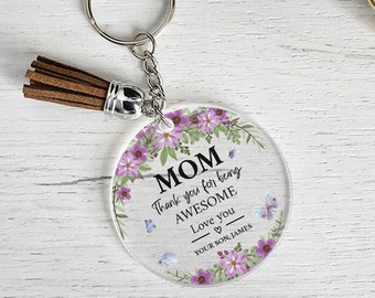 Cute Acrylic Keychain for Mom, Personalized Mothers Day Gifts, Round Keychain with Tassel, Gift for Her, Custom Text Key Holder, Mom Gift