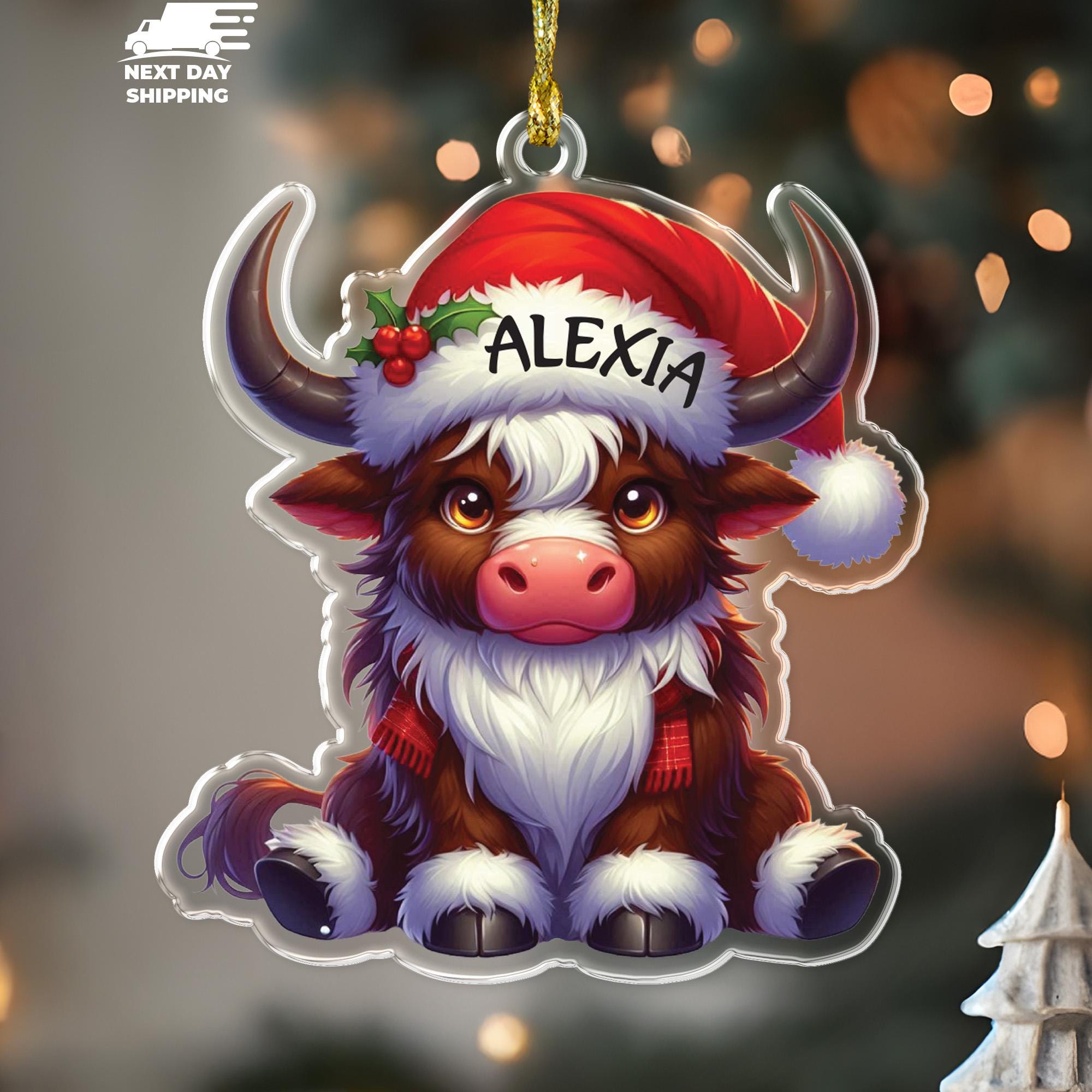 Cute Cow Name Ornament, Highland Cow Ornament, Santa Hat Cow Keepsake, Christmas Tree Decor, Cute Kids Christmas Stocking Stuffer