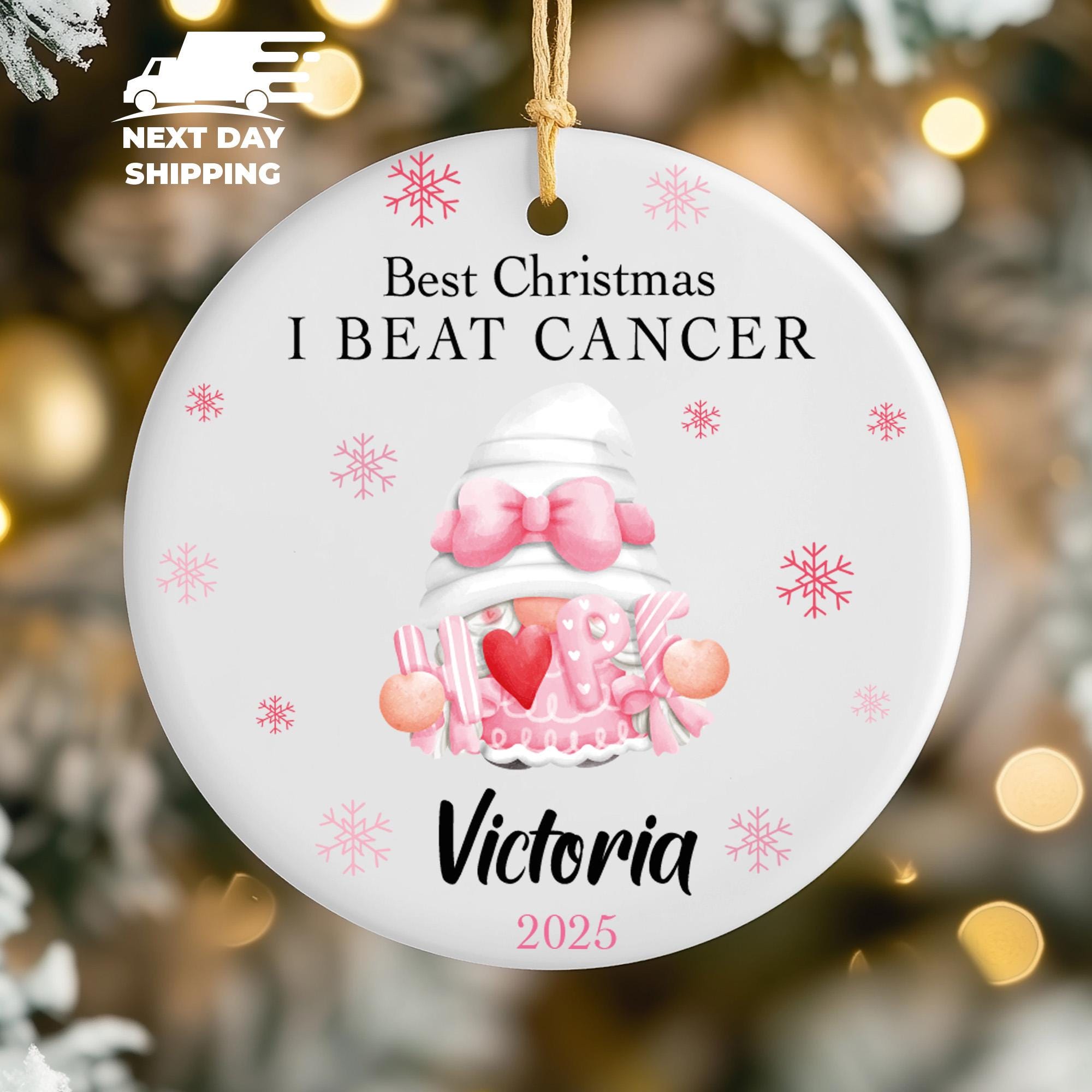 I Beat Cancer Ornament 2025, Cancer Survivor Christmas Name Ornament, Personalized Recovery Keepsake Gift,  Pink Ribbon Cancer Free Ornament
