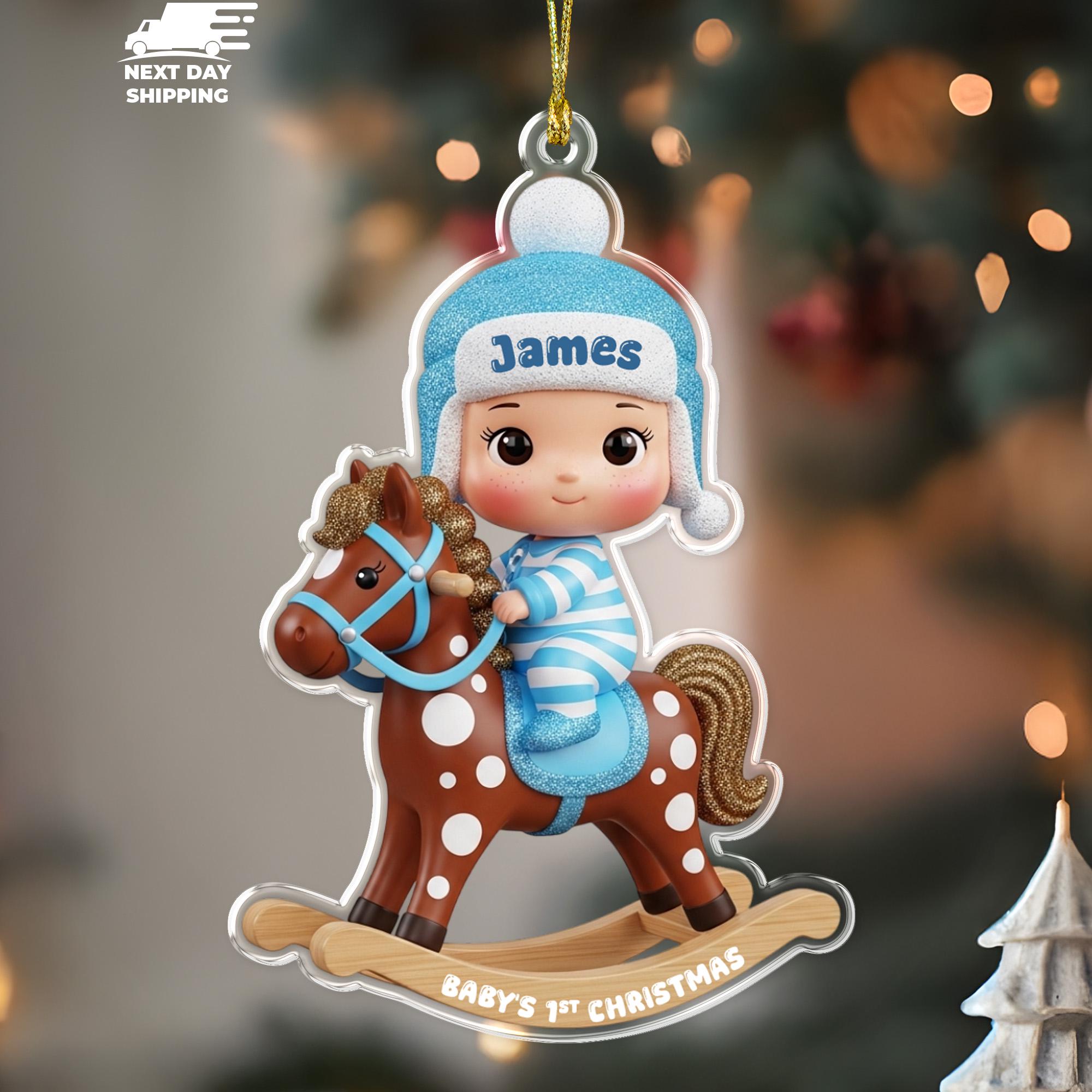 Baby Boy Riding Horse Ornament, Personalized Name Ornament, Acrylic Baby Ornament, Custom Baby's First Christmas Keepsake, Holiday Keepsake