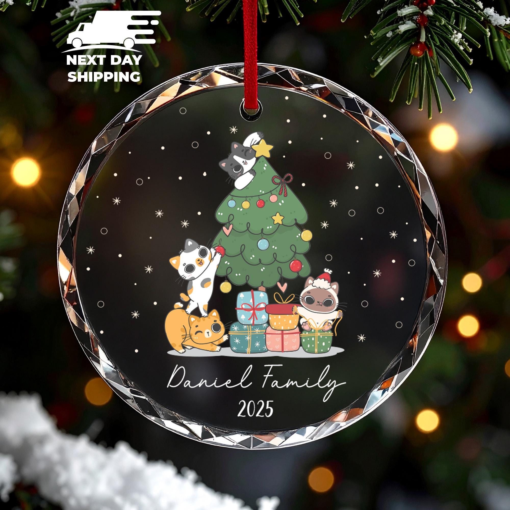 Personalized Cat Family Christmas Ornament 2025, Cute Kittens Decorating Tree, Cat Lovers Custom Family Name Keepsake, Cute Pet Lover Gift