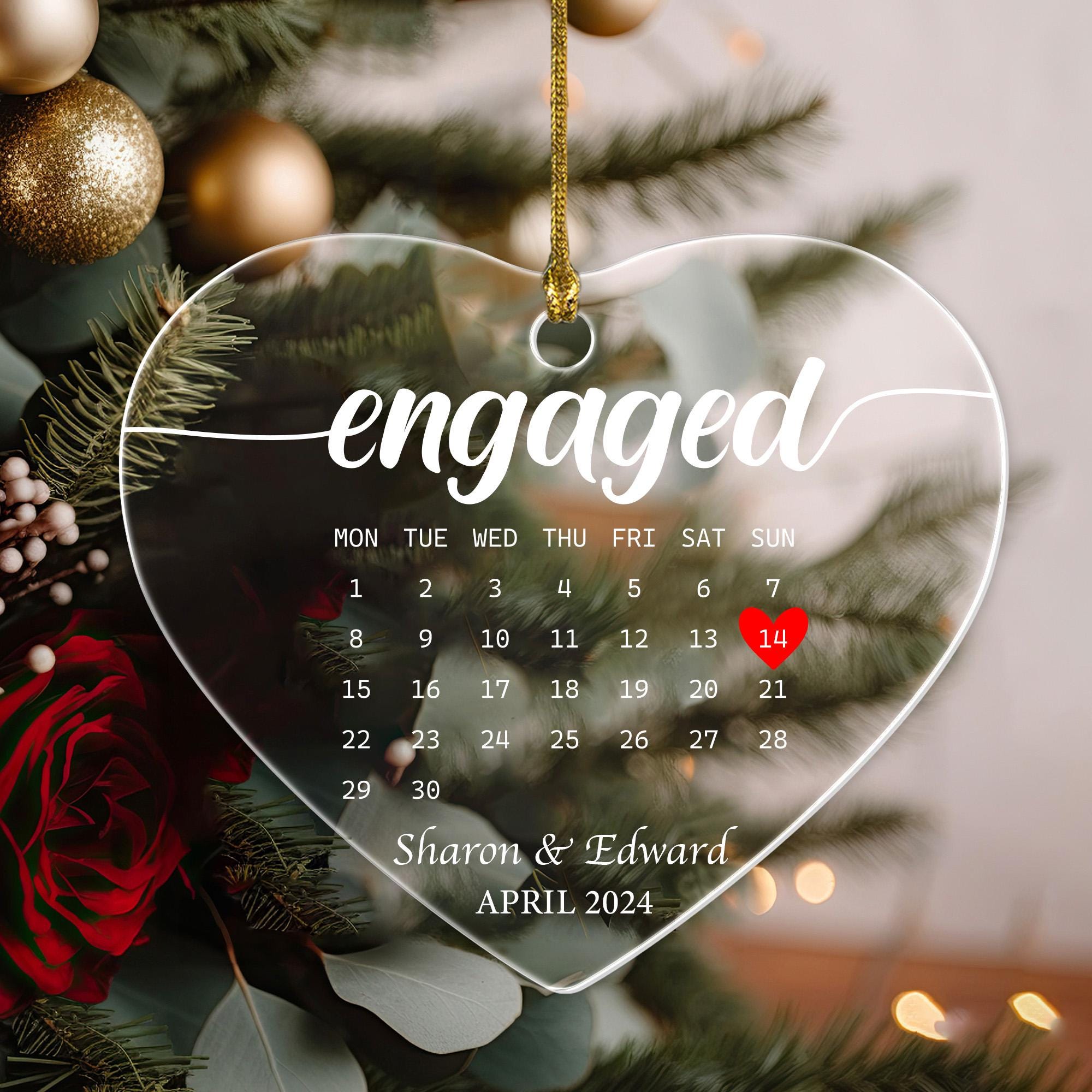 Engaged Ornament, Engagement Ornament, Calendar Ornament, Engagement Gift, Heart Ornament, Custom Ornament, Couples Ornament, Gift Ornament