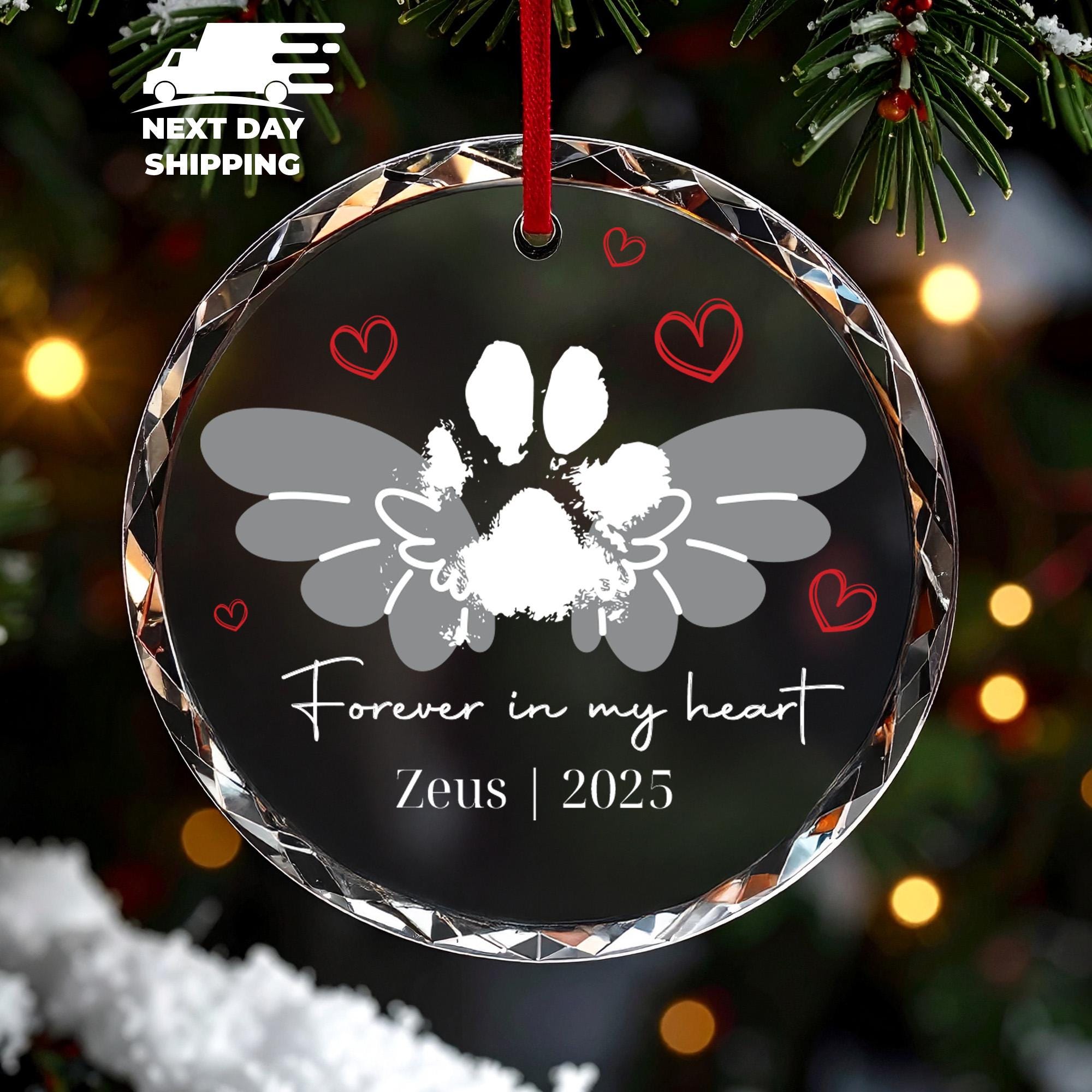 Personalized Pet Memorial Ornament, Custom Paw Print Angel Wings Christmas Keepsake, Forever In My Heart Name Ornament, Pet Loss Remembrance