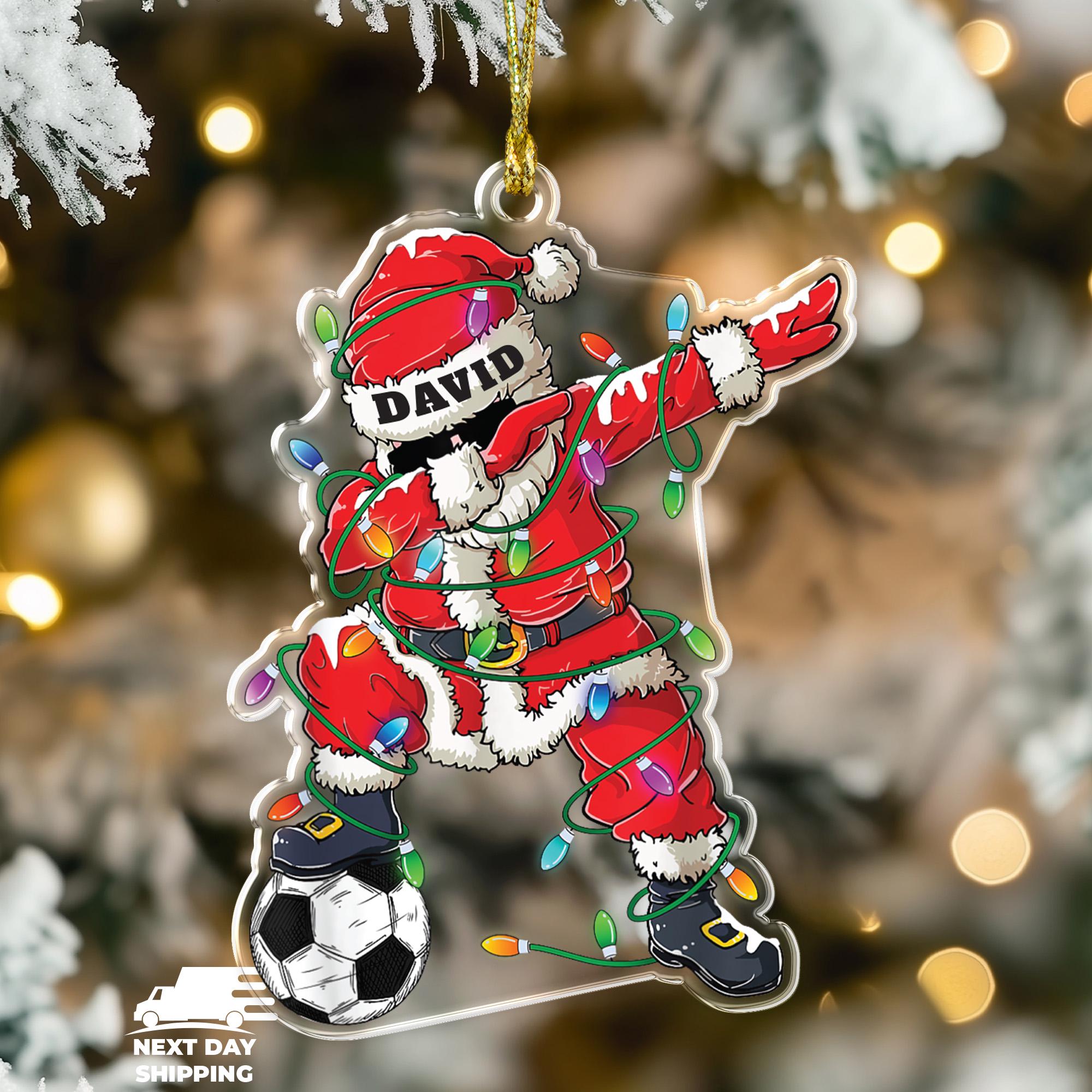 Personalized Dabbing Santa Soccer Ornament, Custom Name Christmas Ornament for Kids, Funny Sports Christmas Tree Decoration Gift