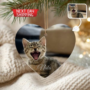 以下が含まれることがあります： あくびをして口を大きく開けた茶色のトラ猫の子猫の写真がプリントされた、ハート型のセラミック製オーナメント。子猫の胸の下部には、白い筆記体でNalaという名前がプリントされています。