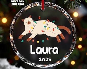 Personalized Cat Christmas Ornament 2026, Custom Cat Wrapped Lights Name Ornament, Pet Lover Christmas Tree Keepsake, Memorial Pet Ornament