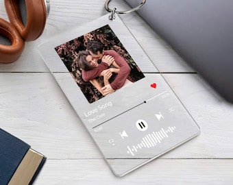 May include: A clear acrylic keychain featuring a photo of a couple embracing. The keychain has a music player design with the text "Love Song" and "The Cure" and a red heart icon.