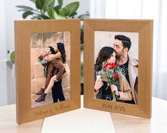 Personalized Dual Photo Frame, Alder Wood Engraved Picture Frame, Custom Name Date Frame, Anniversary Gifts, Christmas Gifts, Wedding Gift