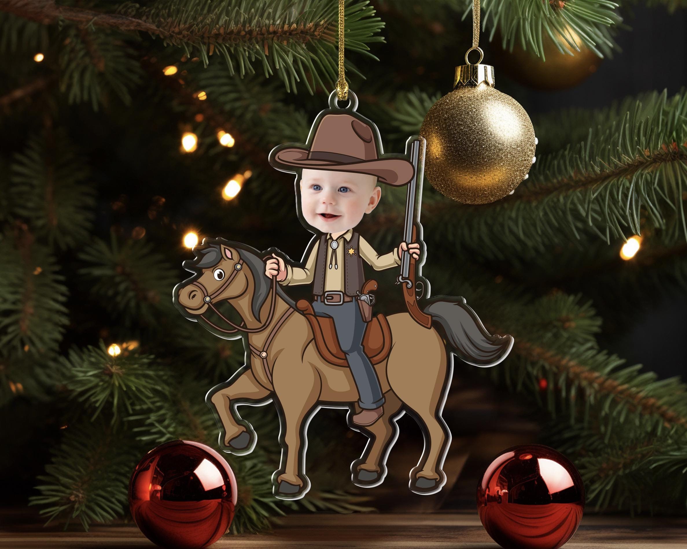 Personalized Cowboy Christmas Ornament, Horse Lovers Gifts,  Photo Ornament, Cowboy Christmas Tree Decor, Gift For Kids, Western Ornament