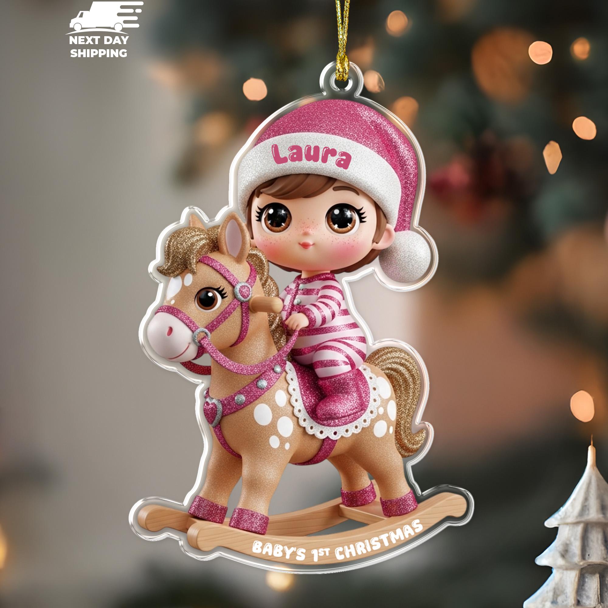 Baby Girl Riding Horse Ornament, Personalized Name Ornament, Acrylic Baby Ornament, Flat 2D Ornament, Baby's First Christmas Keepsake