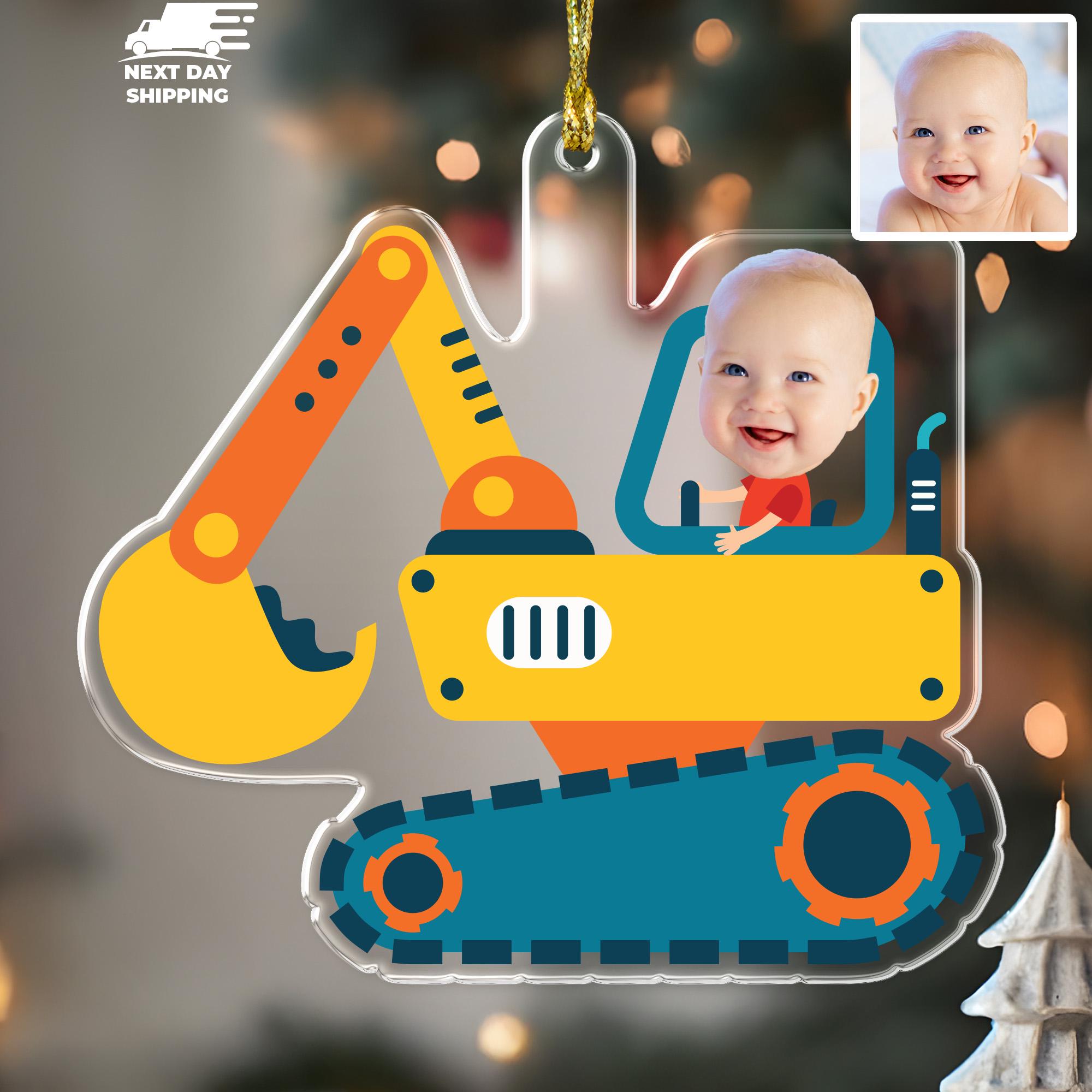 Personalized Baby Excavator Ornament, Custom Face Photo Christmas Decoration for Kids, Cute Construction Kid Holiday Gift with Face