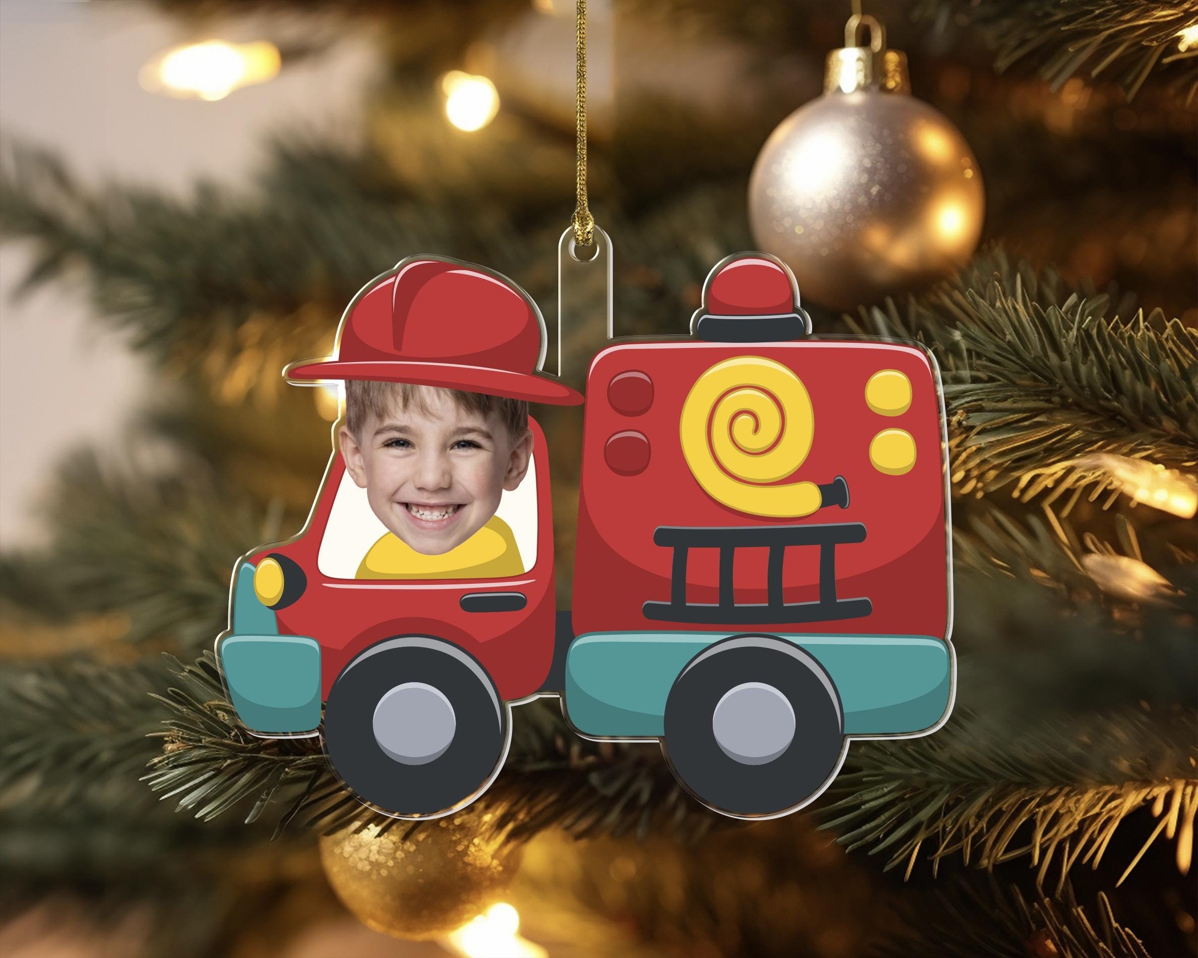 Personalized Firetruck Christmas Acrylic Ornament, Custom Christmas Tree Hanging Ornament, Christmas Tree Decor, Gift For Firefighter Child