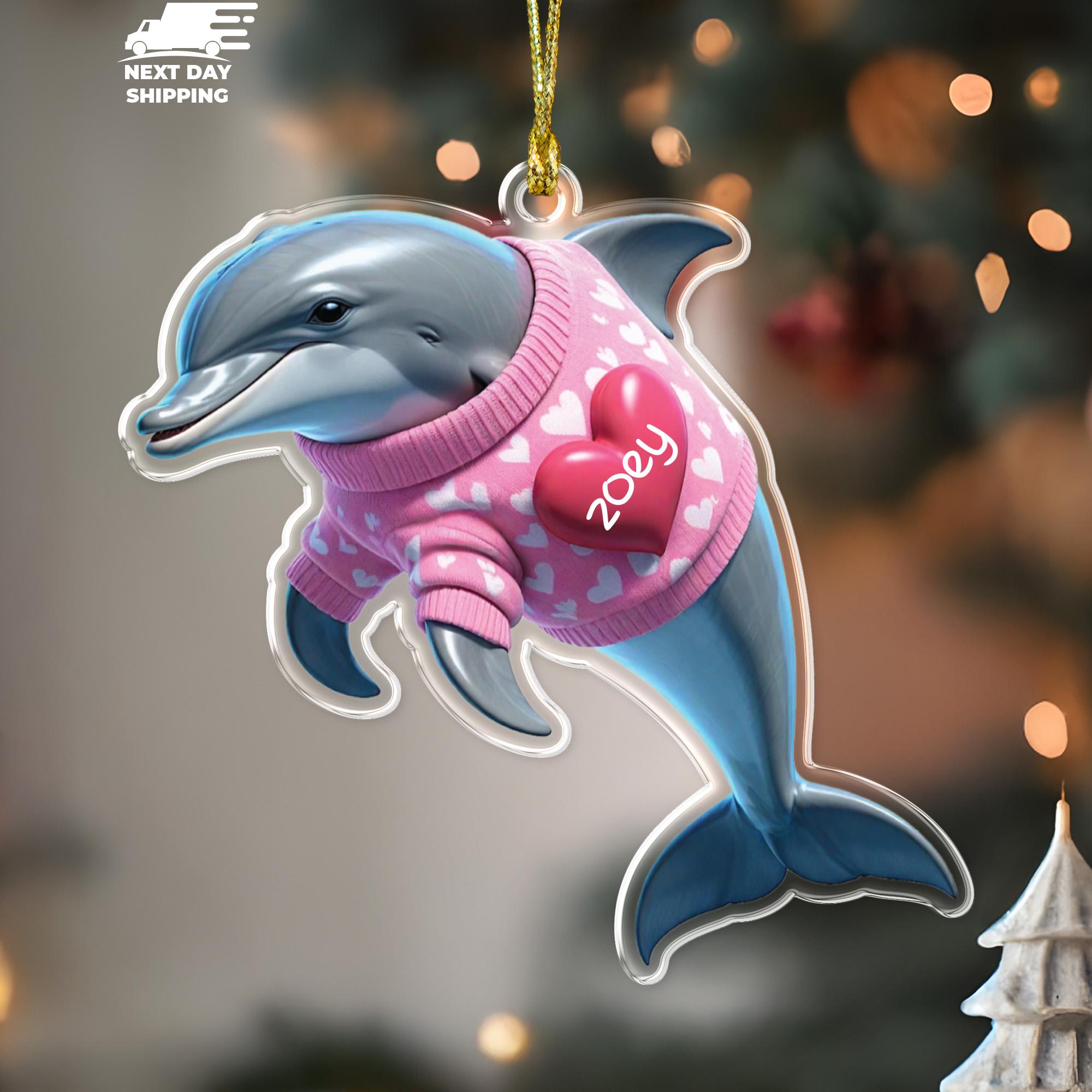 Custom Dolphin Ornament, Sealife Ornament, Pink Dolphin Sweater Ornament, Personalized Name Ornament, Sea Animal Ornament, Fish Ornament