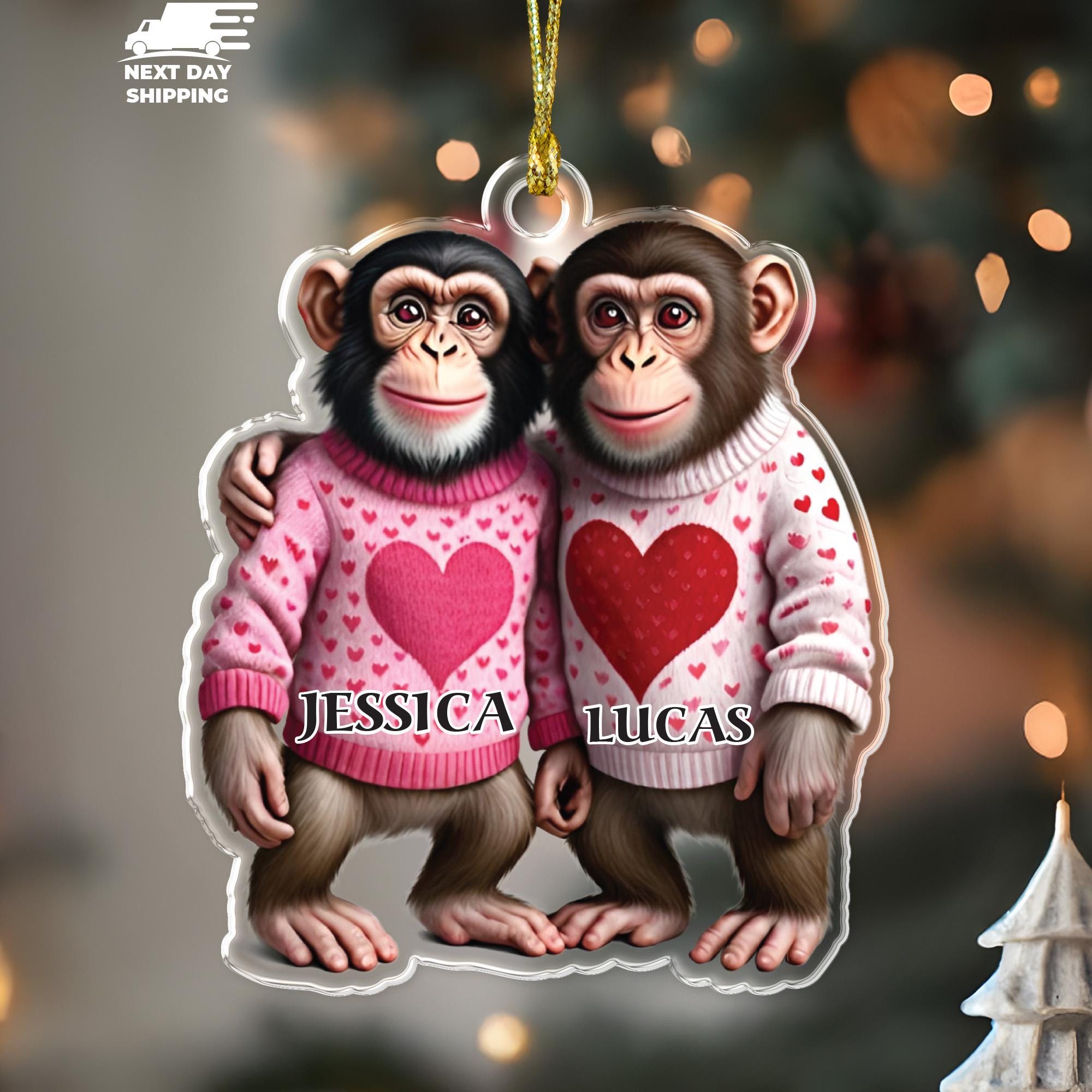 Custom Monkey Couple Ornament, Chimpanzee Name Ornament, Girlfriend Boyfriend Ornament, Matching Sweater Ornament, Christmas Valentine Gift
