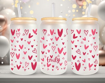 Personalized Heartful Glass Cups, Gift For Her, Cute Hearts Frosted Glass Tumbler, Gift For Mothers Day, Iced Coffee Jar, 16oz Glass Can