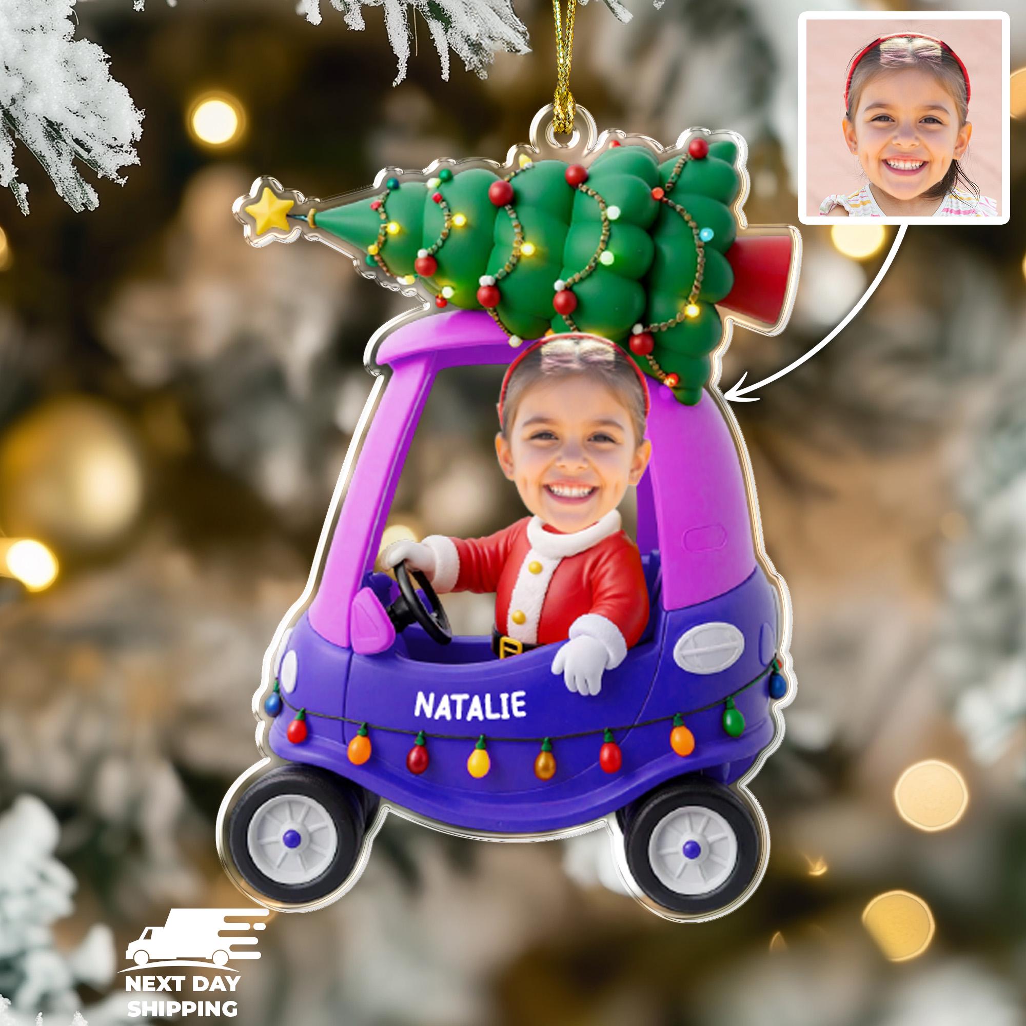 Kids In Santa Costume Christmas Ornament, Personalized Baby In Car Ornament, Custom Photo Christmas 2025 Decoration, Santa In Car Ornament