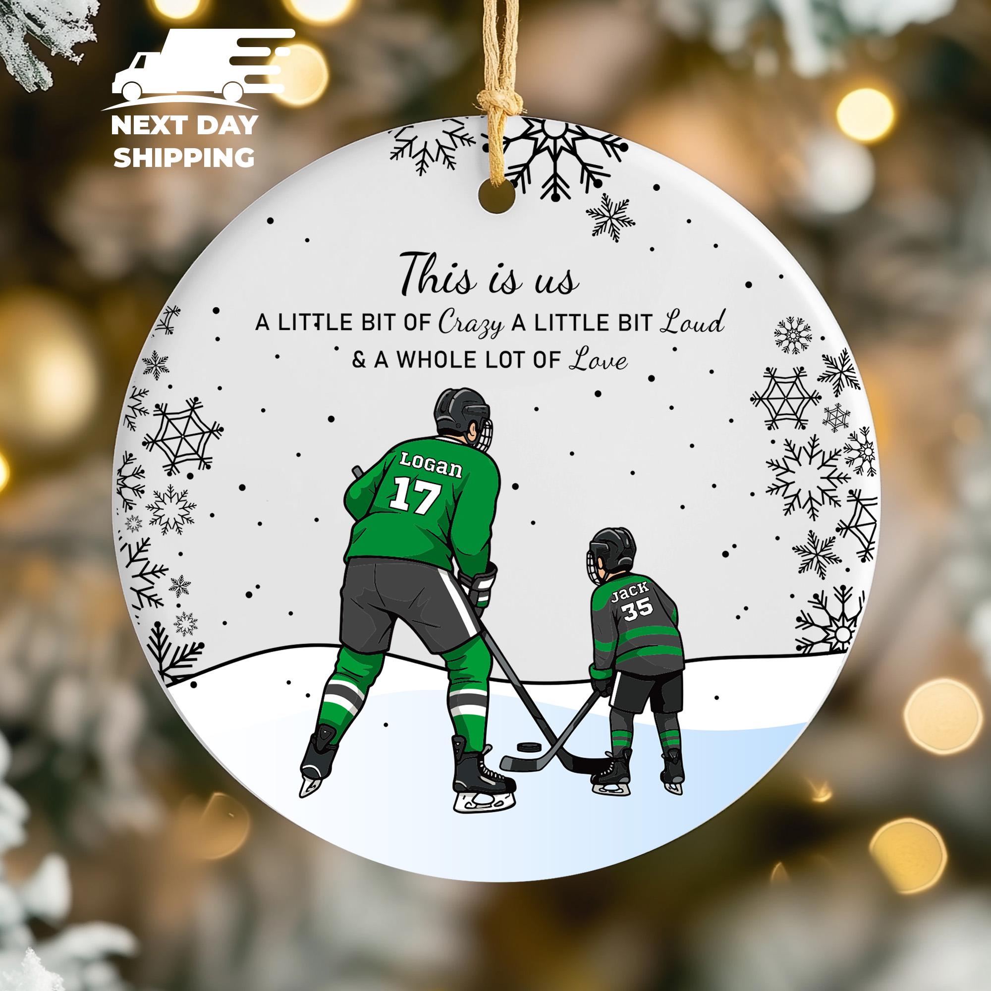 Custom Father and Son Ice Hockey Ornament, Family Hockey Keepsake, Jersey Name Number Ornament, Acrylic Glass Ceramic Ornament, Gift for Him