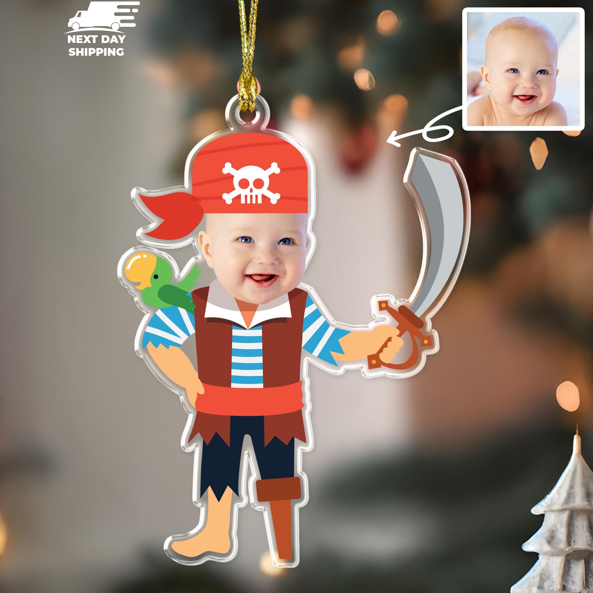 Funny Pirate Baby Christmas Acrylic Ornament, Custom Face Photo Ornament, Personalized Picture Keepsake, Sailor Kid Christmas Tree Hanging
