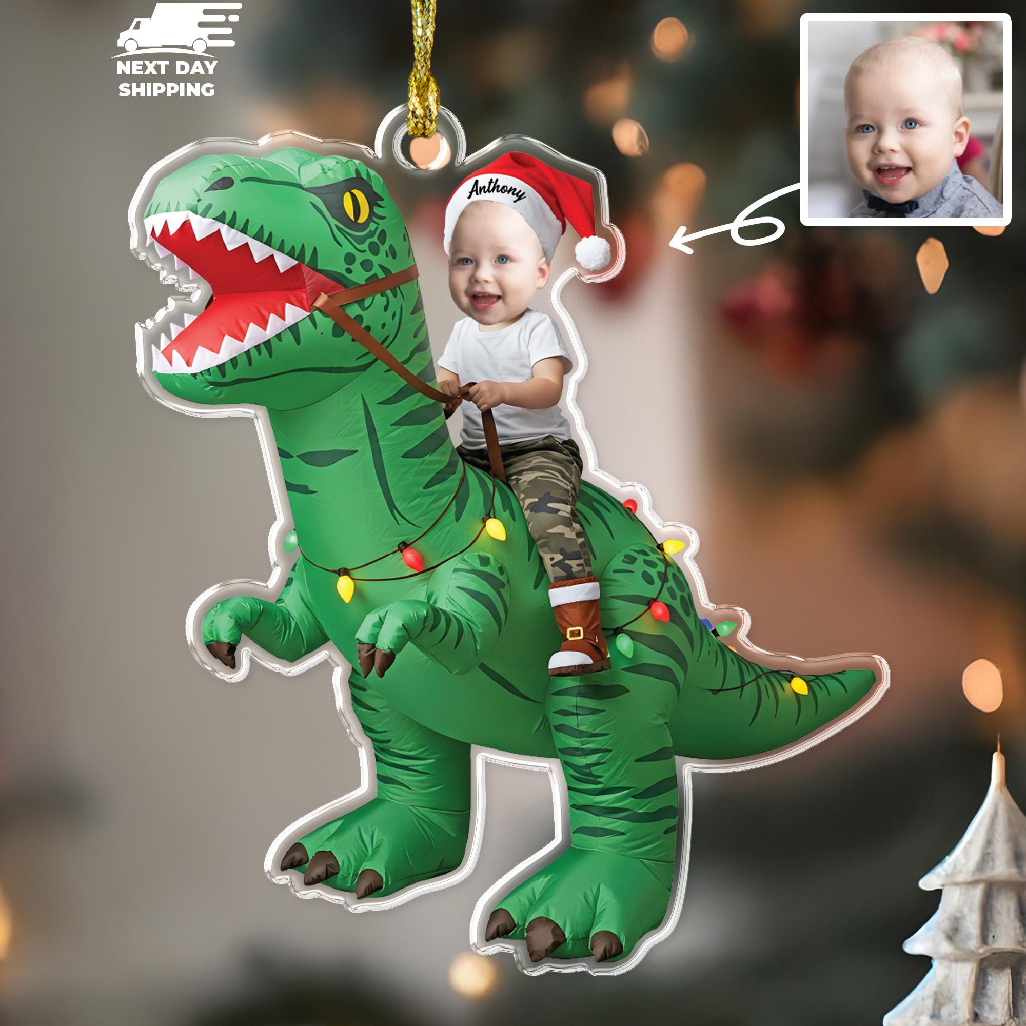 Dino Rider Baby Ornament, Personalized Kids Dinosaur Ornament, Baby Photo Keepsake, Santa Hat Name Ornament, Custom Christmas Ornament
