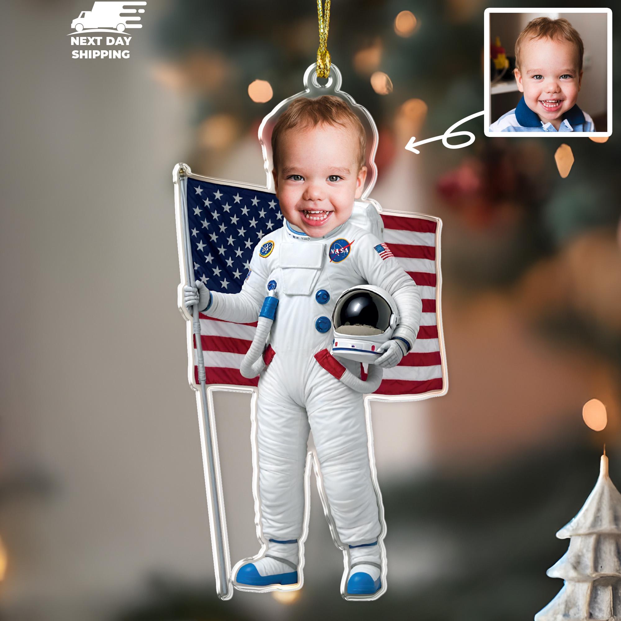 Astronaut Kid Face Ornament, Custom US Flag on Space Ornament, Moon Ornament, NASA Spaceman Son Face Keepsake, Acrylic Christmas Ornament