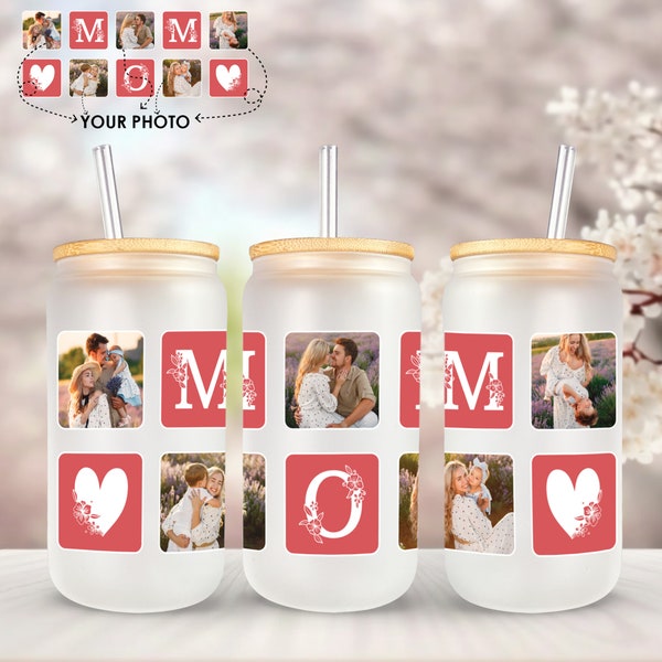 Custom Photo Glass Tumbler for Mom, Mothers Day Gifts for Her, 16oz Iced Coffee Cup, Personalized Mom Jar, Moms Picture Gifts, Cup with Lid
