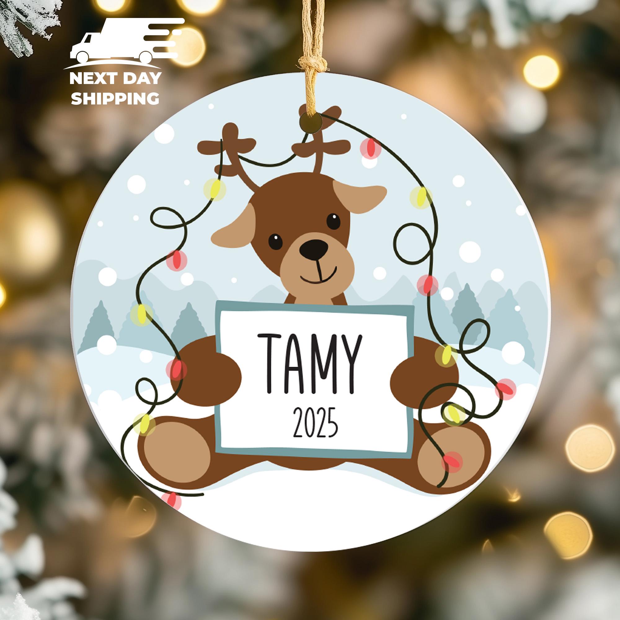 Personalized Reindeer Ornament 2025, Holiday Bear with Antlers Christmas Decoration, Custom Xmas Tree Name Ornament, Kids Christmas Ornament