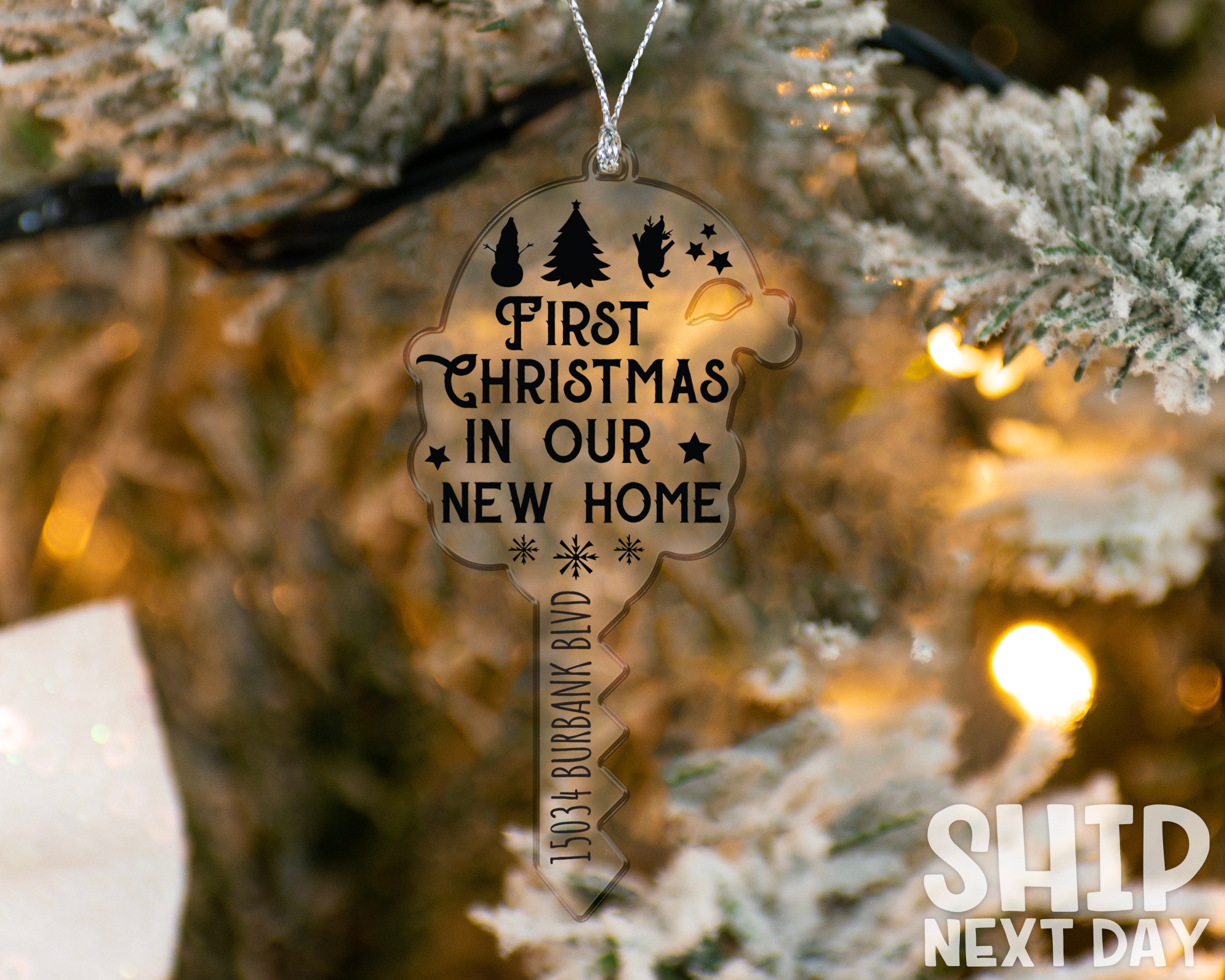 First Christmas Ornament, Key Ornament, Ornament with Address, Christmas Gifts, Acrylic Holiday Ornament, Custom Sant Key, Christmas Decor