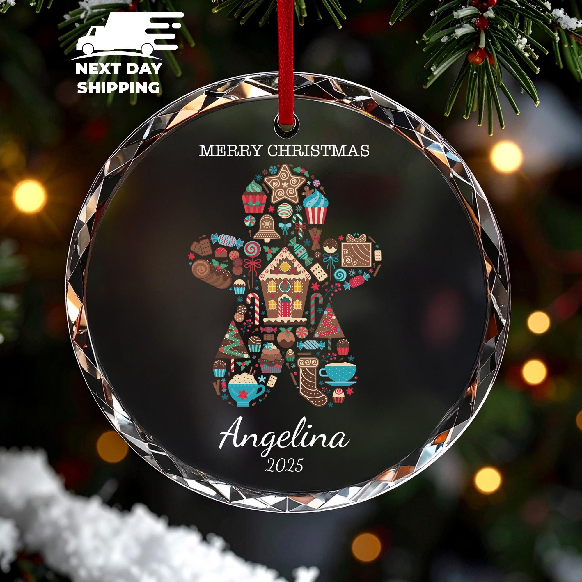 Personalized Merry Christmas Gingerbread Man Ornament 2025, Custom Name Holiday Keepsake, Kids Colorful Candy and Gingerbread House Design