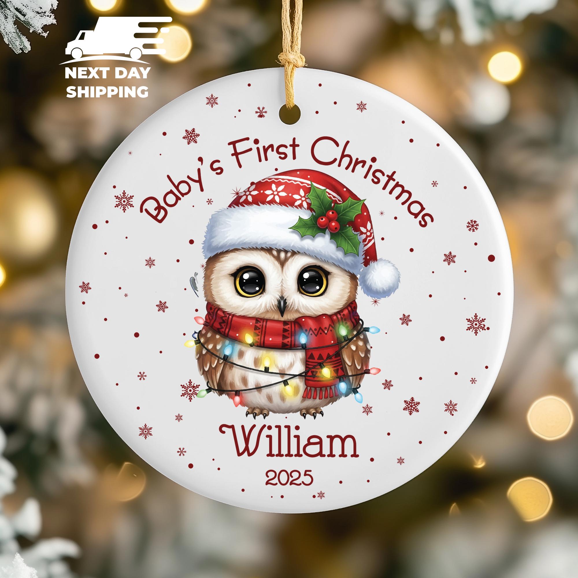 Baby’s First Christmas Ornament 2025, Cute Owl Ceramic Glass Ornament, Personalized Newborn Gift, Holiday Keepsake, Custom Name Tree Decor