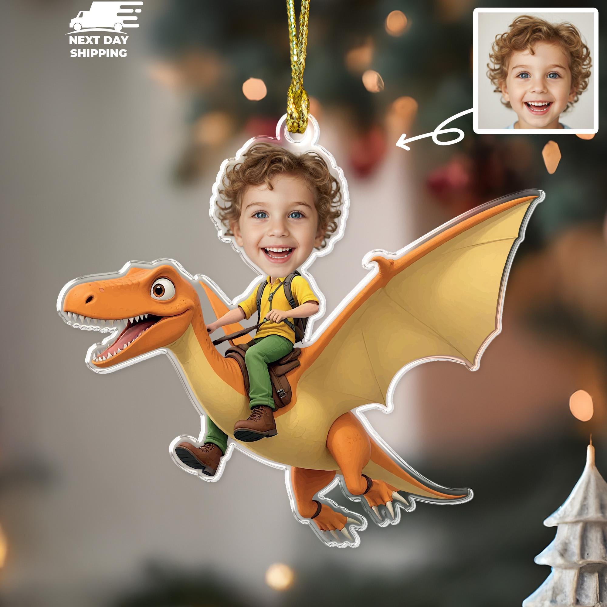 Personalized Flying Dinosaur Ornament for Kids, Custom Photo Christmas Decoration, Boy Riding Dino Holiday Gift, Unique Xmas Tree Ornament