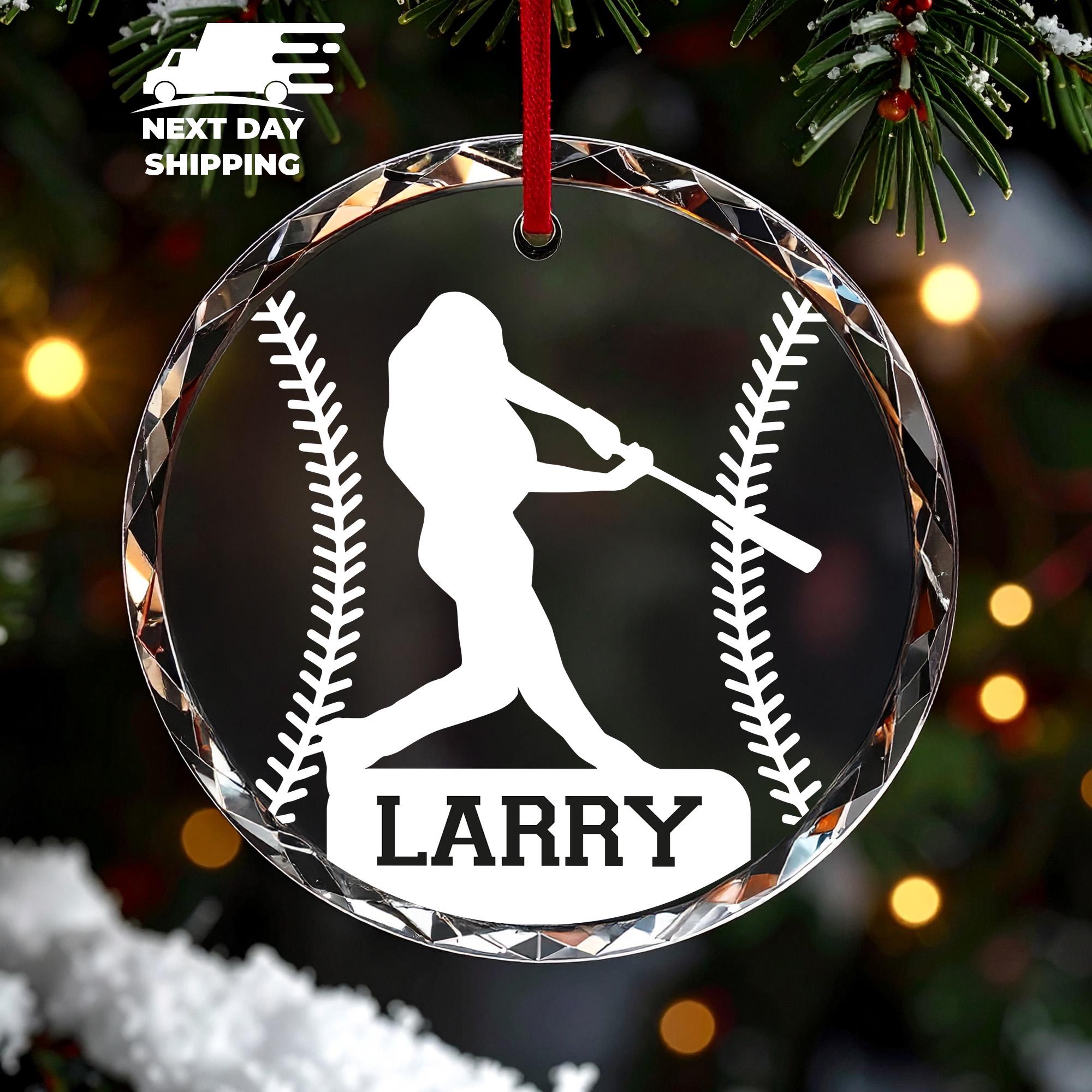 Custom Batter Silhouette Christmas Name Ornament with Ball Stitching, Personalized Baseball Fan Ornament, Baseball Player Coach Sports Gift