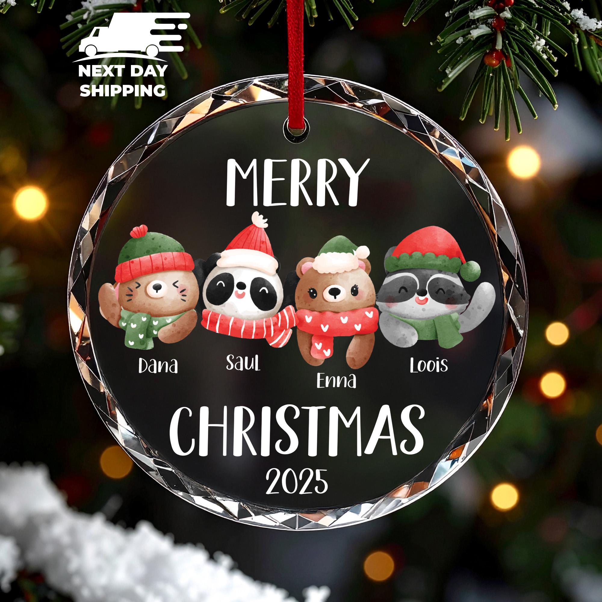 Funny Personalized Merry Christmas Ornament 2025, Cute Animal Friends in Winter Hats & Scarves, Custom Family Names Cute Animal Keepsake