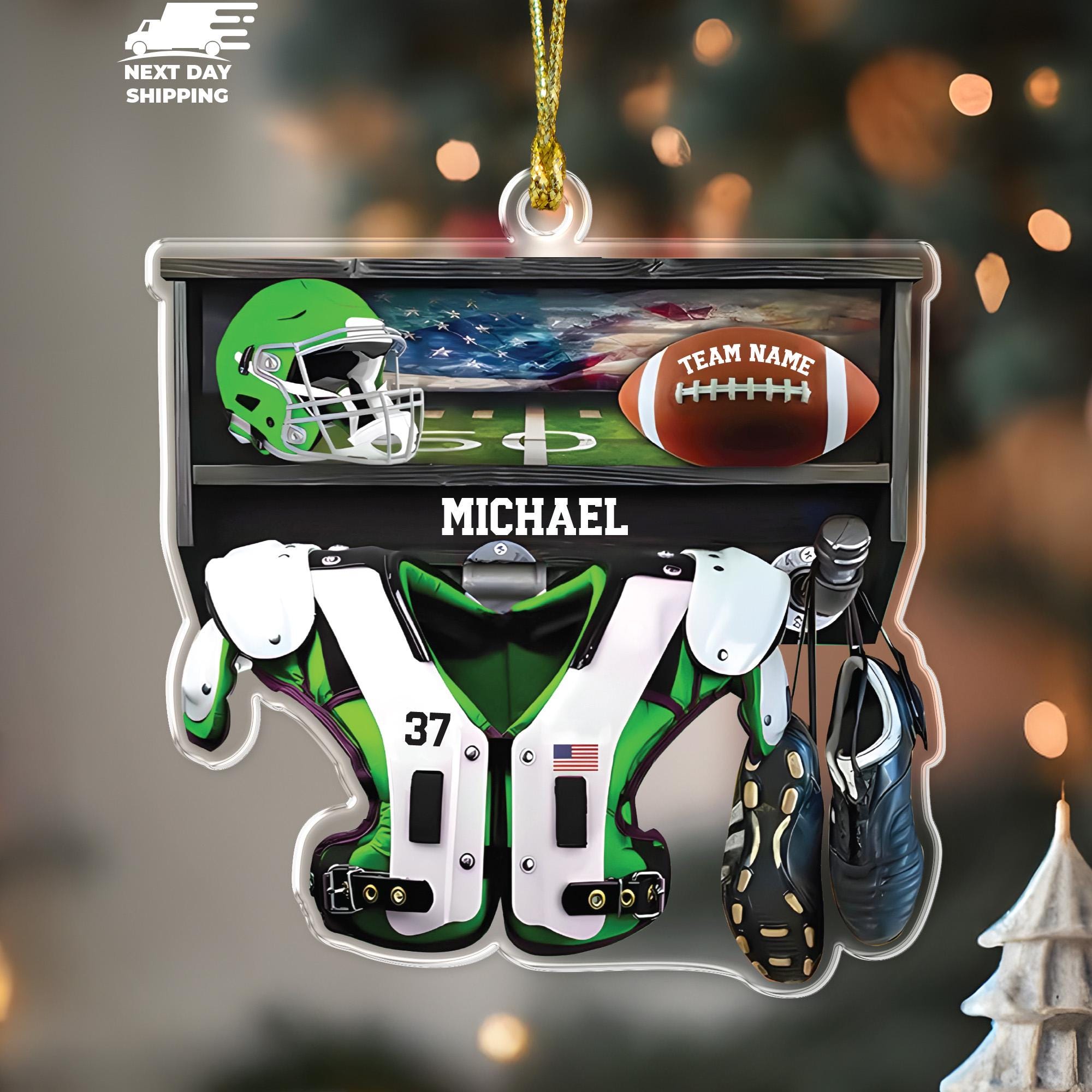 Football Gear Ornament, Football Team Keepsake, Player Helmet Plate Shoulder Pads, Personalized Player Name and Number Ornament Christmas