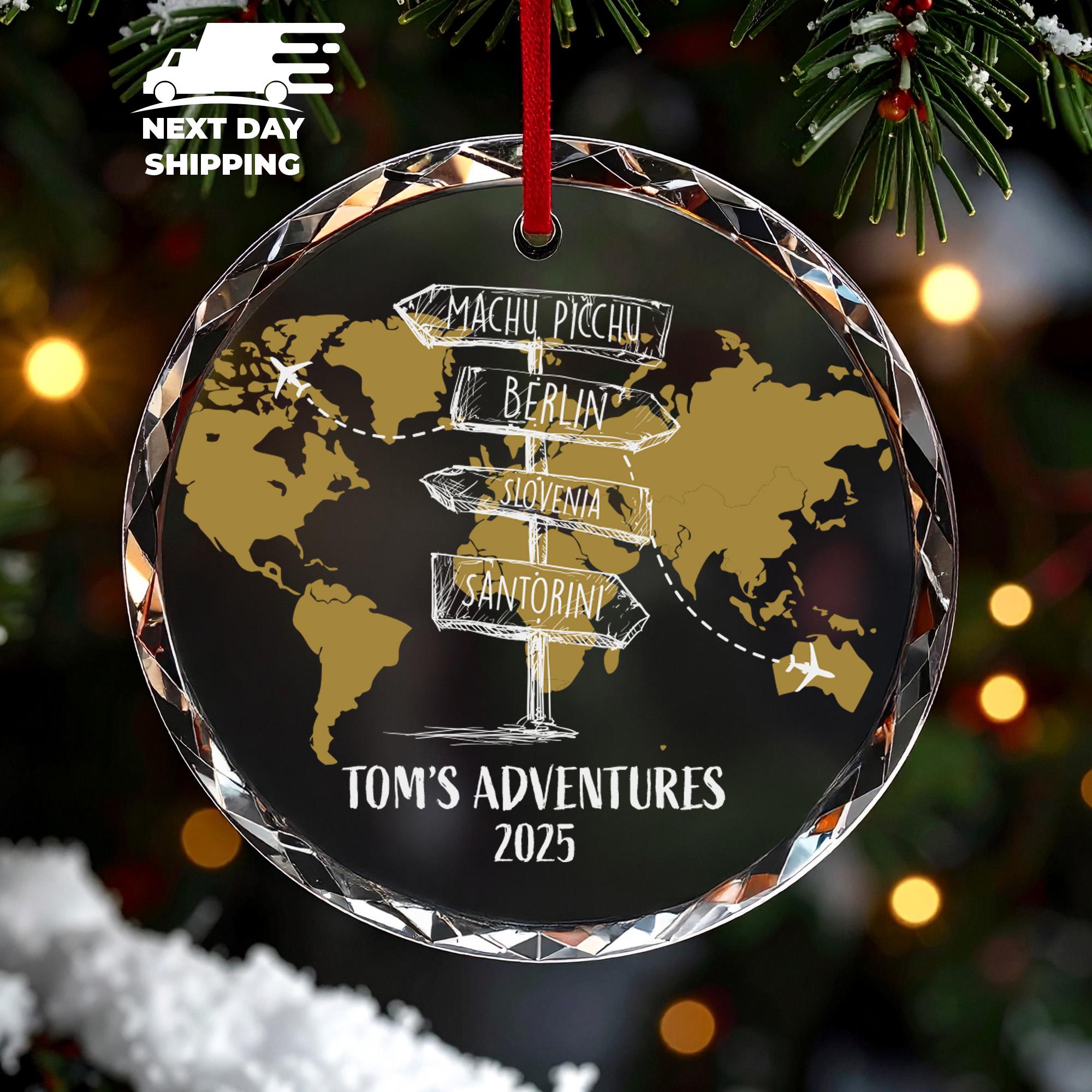 Personalized Traveling Christmas Ornament, Custom Travel Adventures Ornament, Travel Lover World Map Name Gift, Wanderlust Vacation Keepsake