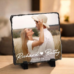 Personalized Photo Stone Tablet, Picture Slate with Stand, Custom Name and Date Memorial Display, Anniversary Gifts for Couple, Wedding Gift