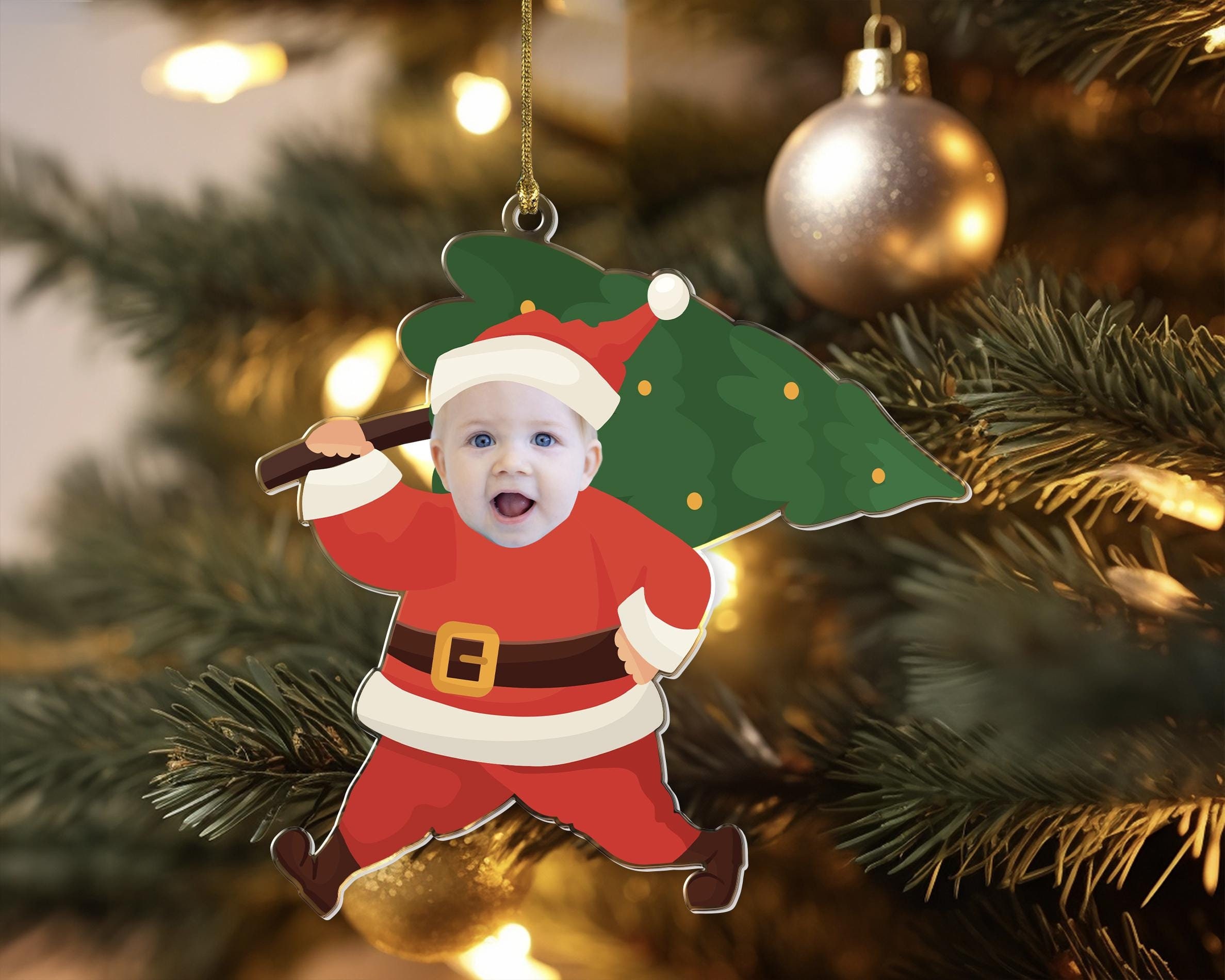Personalized Baby Photo Ornament, Custom Santa Ornament, Christmas Gift For Kids, Acrylic Ornament, Holiday Ornaments, Kids Face Ornament