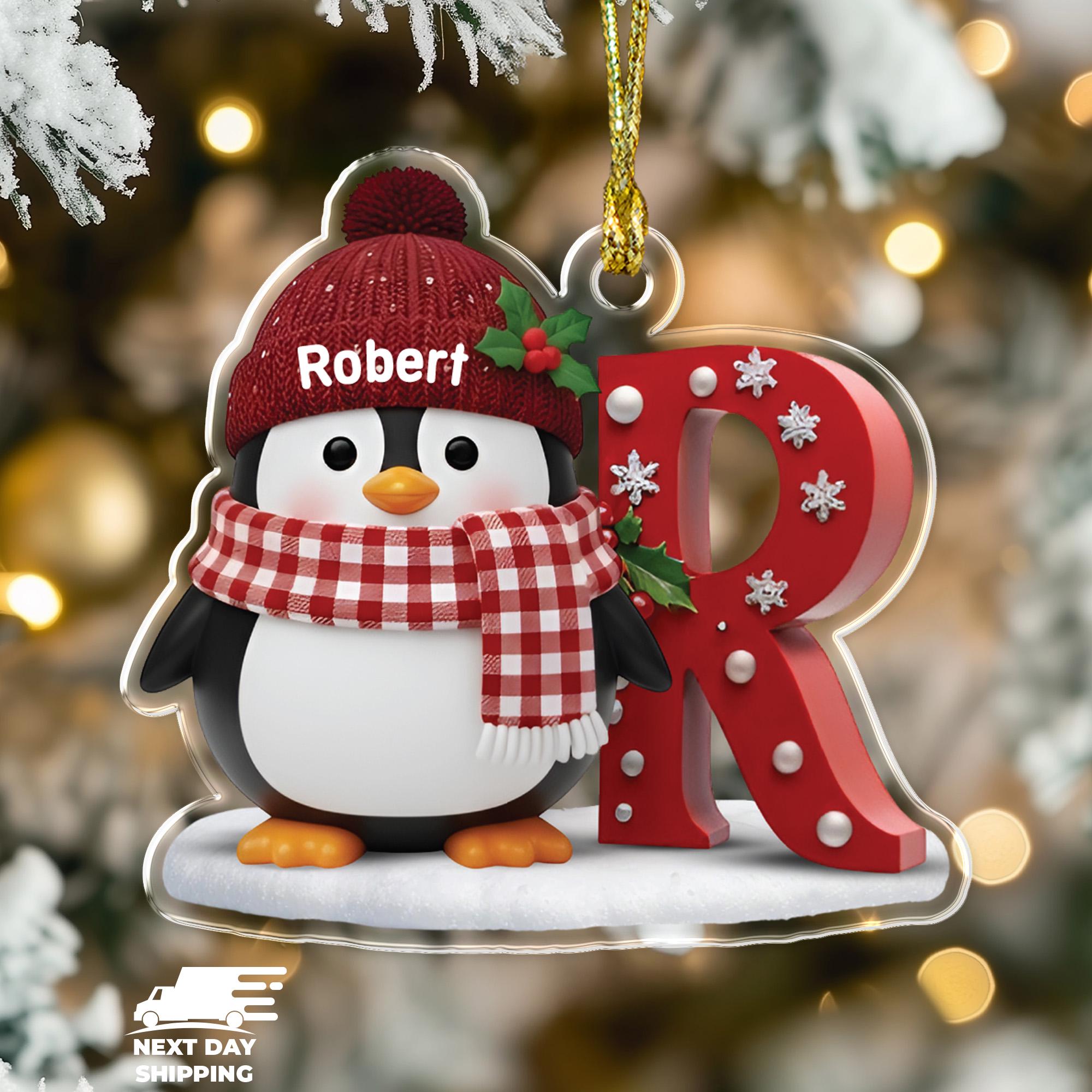 Penguin Ornament With Initial Name, Personalized Name Christmas Ornament, Custom Penguin With Hat And Scarf Ornament, Christmas Decoration