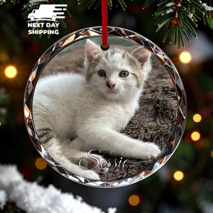以下が含まれることがあります： 白い毛と灰色の縞模様を持つ子猫の写真がプリントされた、円形でファセット加工が施されたガラス製のクリスマスオーナメント。画像の下部には白い筆記体で「Sessie」という名前が印刷されています。上部には赤いリボンが付いています。